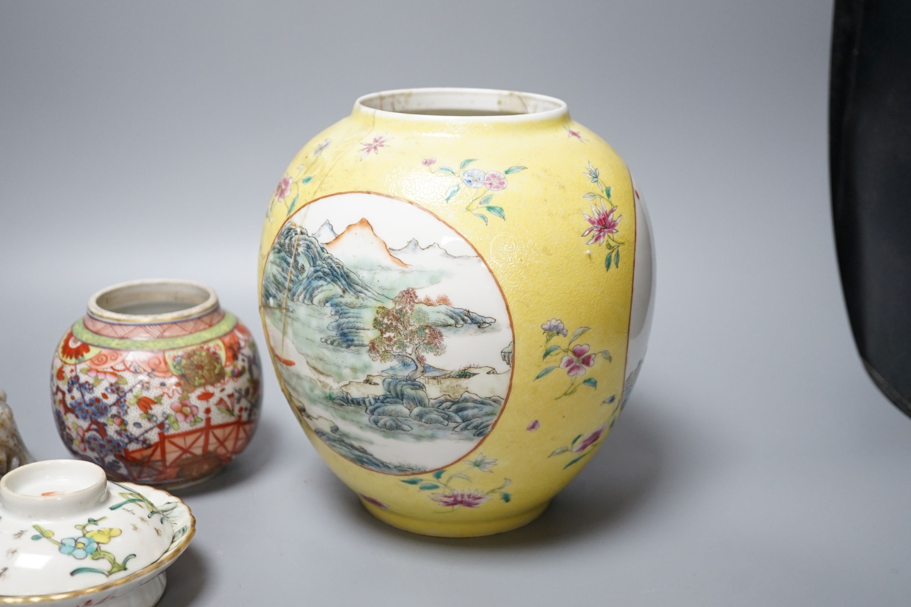 A mountain jade sculpture, 12cm high, together with other Chinese ceramics